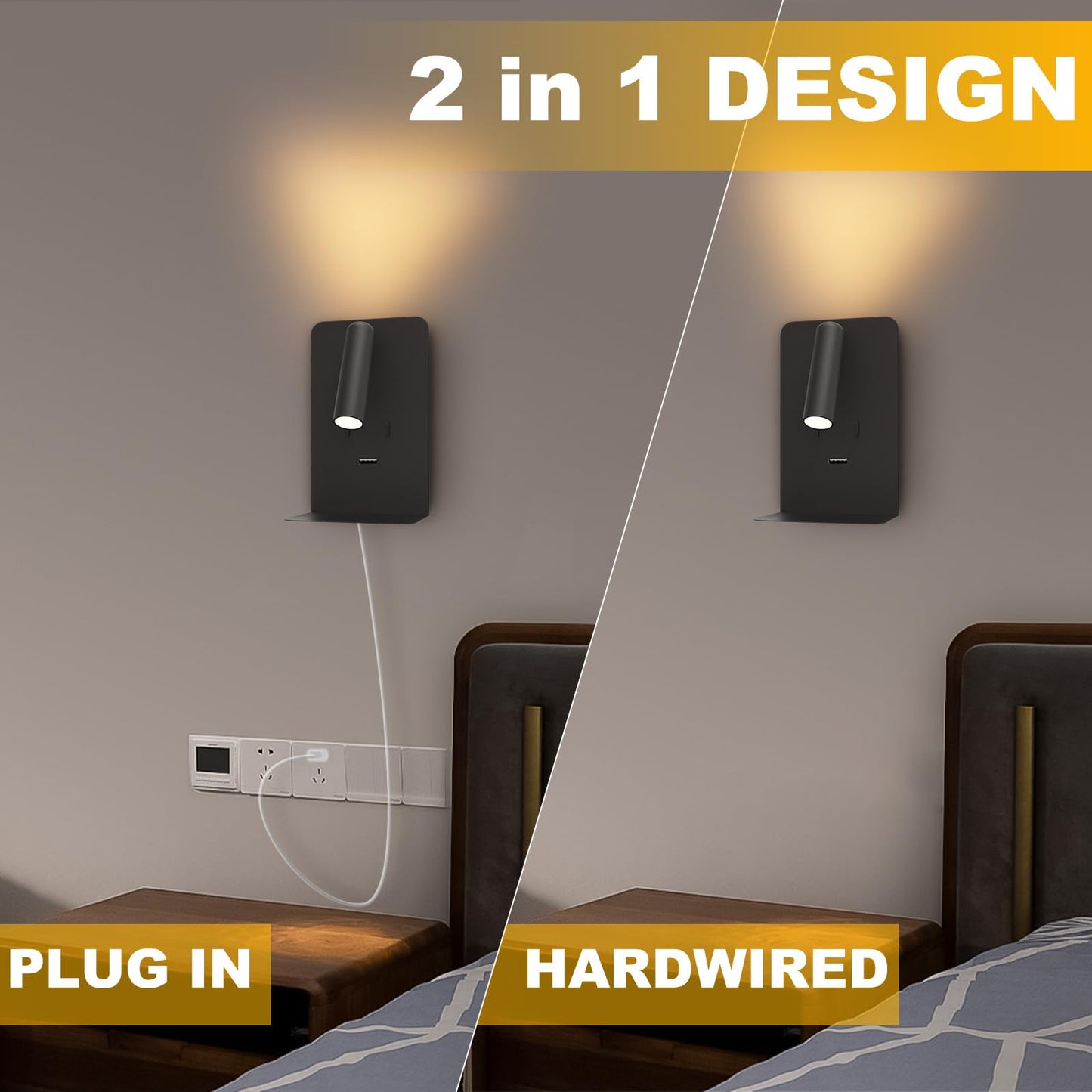 ZEROUNO Plug in Wall Sconce with Switch LED Bedside Lamp Bedroom Wall Mounted Reading Light with USB Port Wall Lighting 3000K?Black?