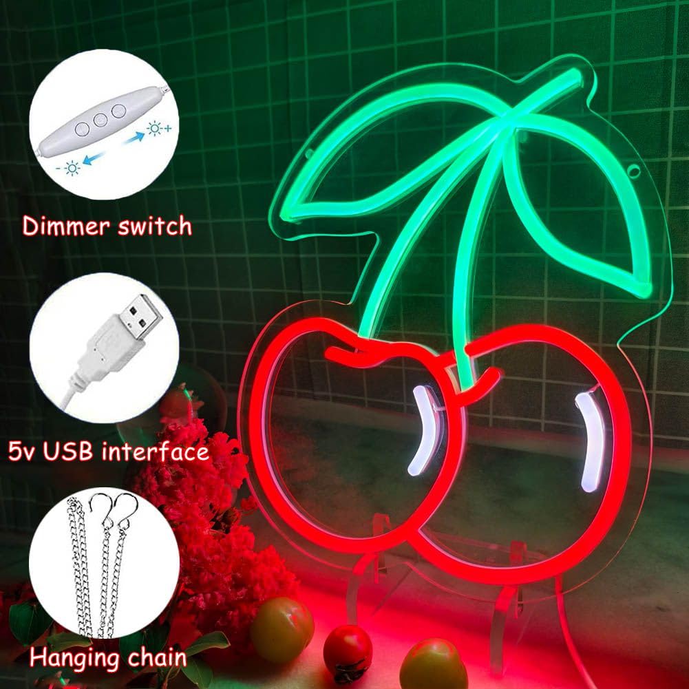 Cherry Neon Sign,Red Cherries Fruit Night Lights for Restaurant,Kids Room,Bedroom,Bar,Fruit Shop,Birthday Party Decor Gifts