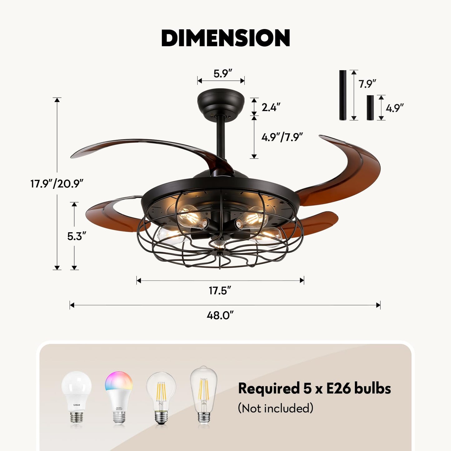 MOOONICHE 48" Industrial Caged Ceiling Fan with Light and Remote, Vintage Retractable Blades Ceiling Fan with Lights, Farmhouse Black Fandelier