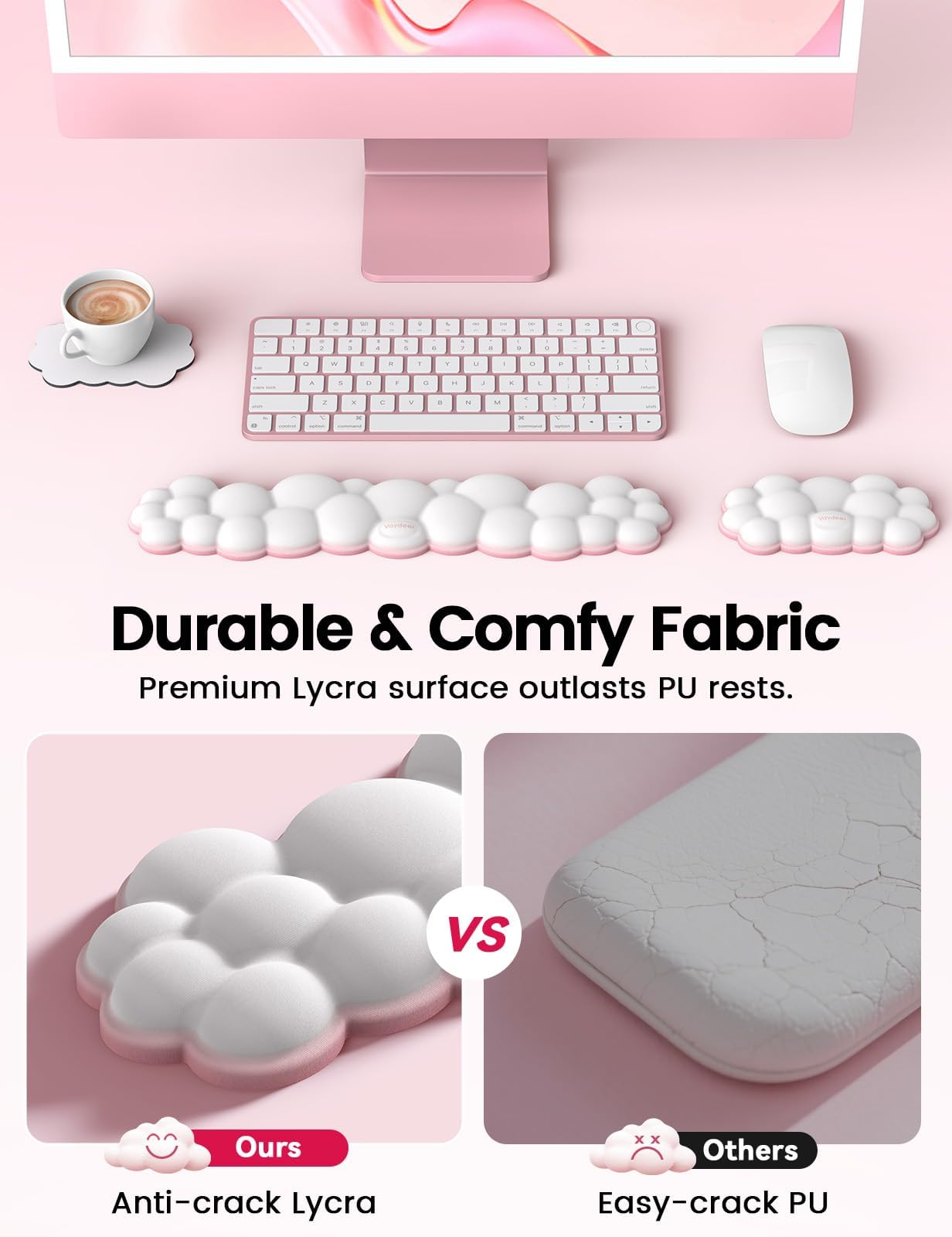 Vaydeer Cloud Keyboard Wrist Rest Set - Ergonomic Memory Foam Wrist Pad for Computer, Laptop & Gaming, Non-Slip Cute Desk Accessories