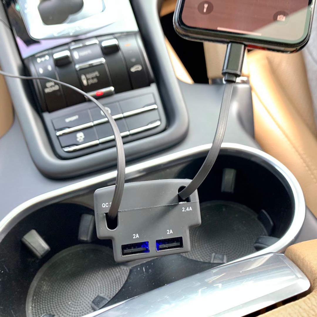 Dual Retractable Car Charger Compatible with iPhone Cell Phone, Fast Charge 2.4A 44W, Retractable Cables (3Ft) and 2 USB Ports Car Charger Adapter