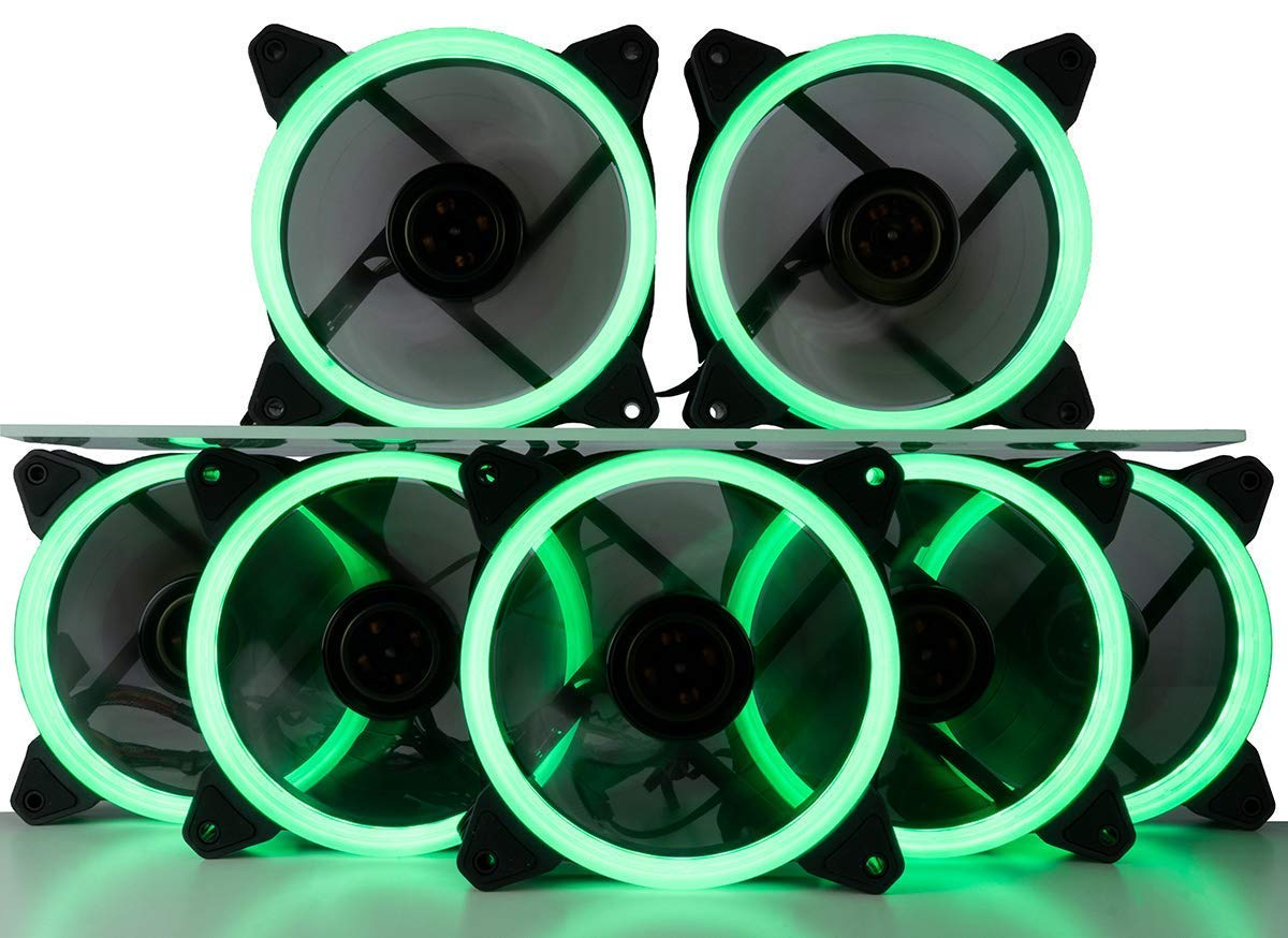 CUK 7-Pack Green Halo Ring 120mm LED Vibrant Color Computer Case Fan for CPU Coolers and Radiators - High Airflow 45 CFM & Anti-Vibration Pads