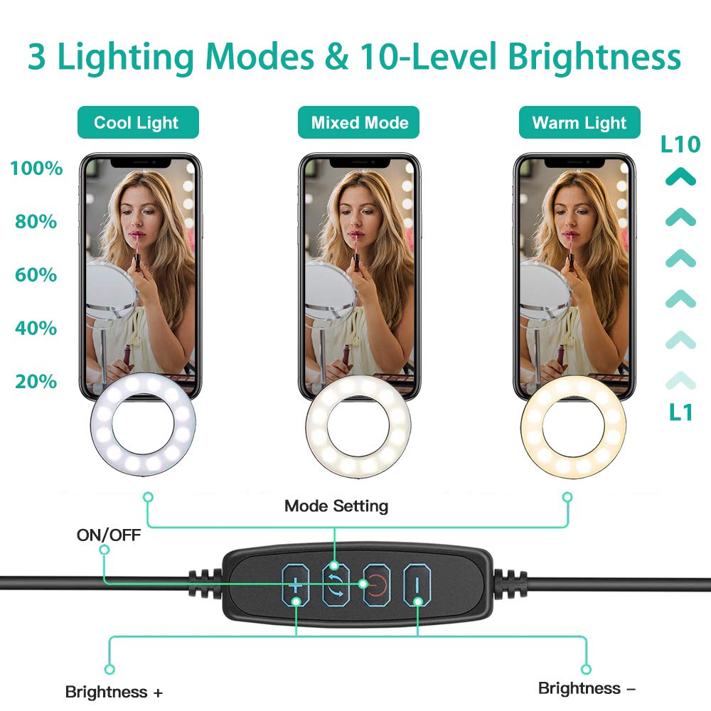NexiGo 3.5 Inch Dual Selfie Ring Light with Moible Phone & Webcam Holder, 3-Light Modes, 10 Brightness Levels, LED Ringlight with Tripod Stand