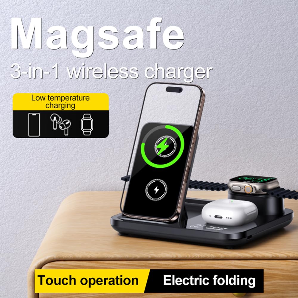 IHAO 3in1 Auto-Rising Wireless Charging Station 15W Fast Charge Ultra-Slim Foldable Design Wireless Charger for Phone Watch Earbud QC3.0 & PD