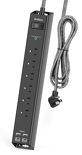 Surge Protector Power Strip - Extension Cord with Addtam 6 AC Outlets 4 USB (2 USB-C Ports), 1875W/15A, Flat Plug with Overload Surge Protection