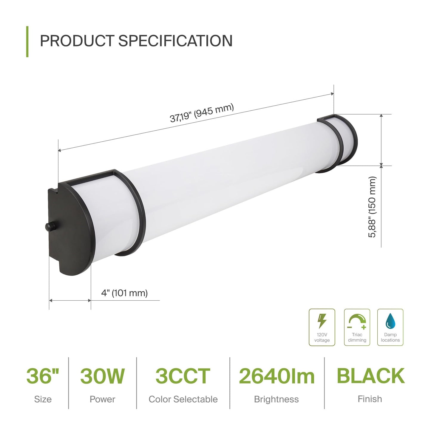 ASD LED 36" Vanity Flush Mount Light Fixture, Linear Bathroom Lighting Bar | 3CCT, Dimmable, Energy Star, ETL Listed | 30W 2650LM 3000-5000K 120V |