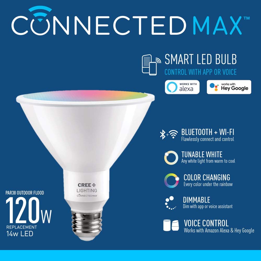 Cree Lighting Connected Max Smart Led Bulb Par38 Outdoor Flood Tunable White + Color Changing, 2.4 Ghz, Works with Alexa and Google Home, No Hub
