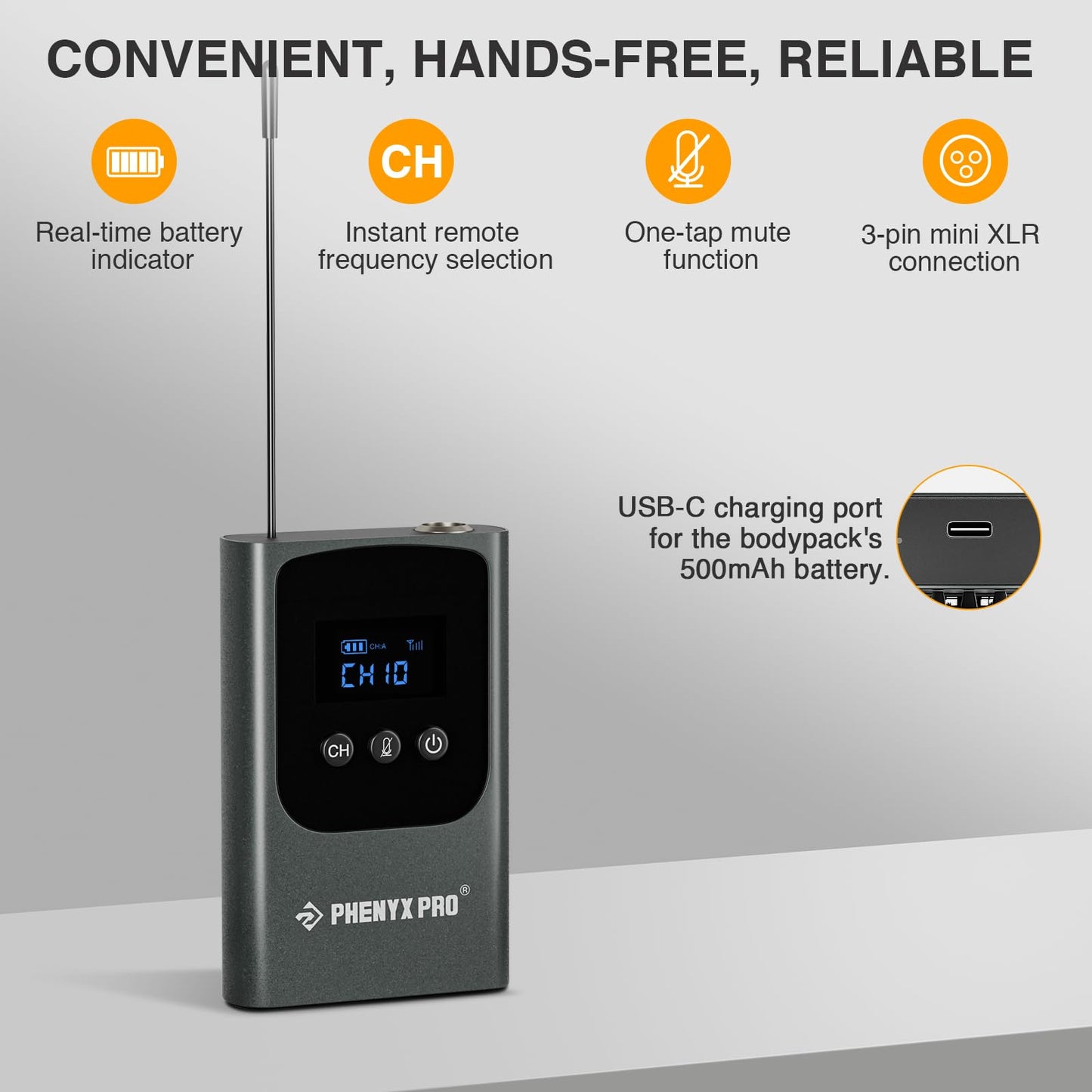 Phenyx Pro Portable Bodypack Transmitter, 900 MHz UHF Bodypack with 3-Pin XLR and 15 Selectable Frequencies, Compatible with PDP-1/2 in 900MHz UHF