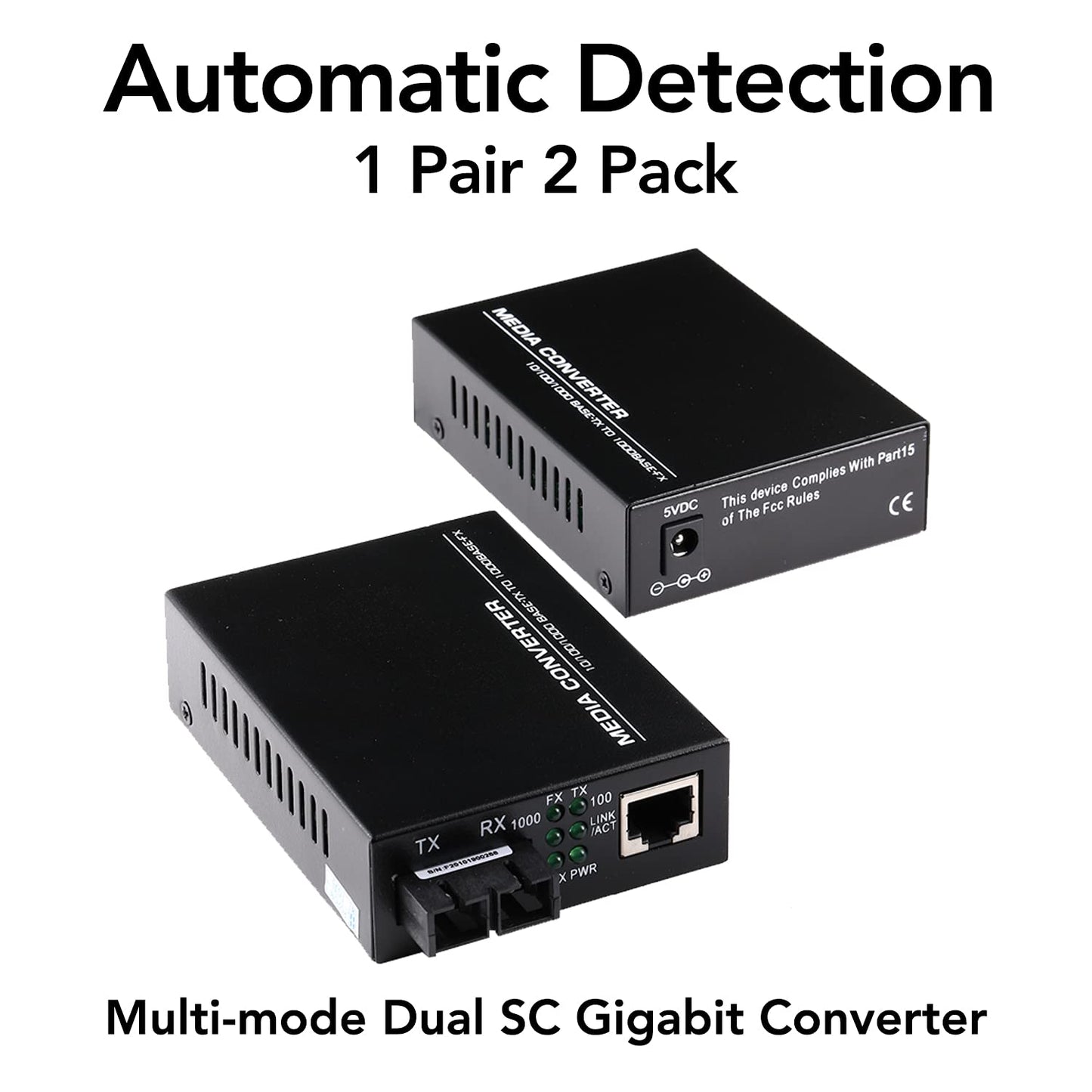 A Pair 2 Pack Multi-Mode Dual SC Fiber Gigabit Fast Ethernet Media Converter, Mini 1x 10/100/1000Base-T RJ45 to 1000Base-SC Slot Converter