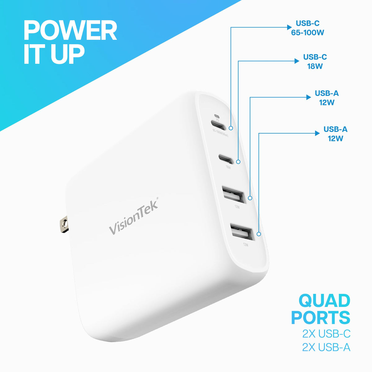 VisionTek 100W 4-Port USB-C Wall Charger, GaN Fast Charge, Foldable Plug