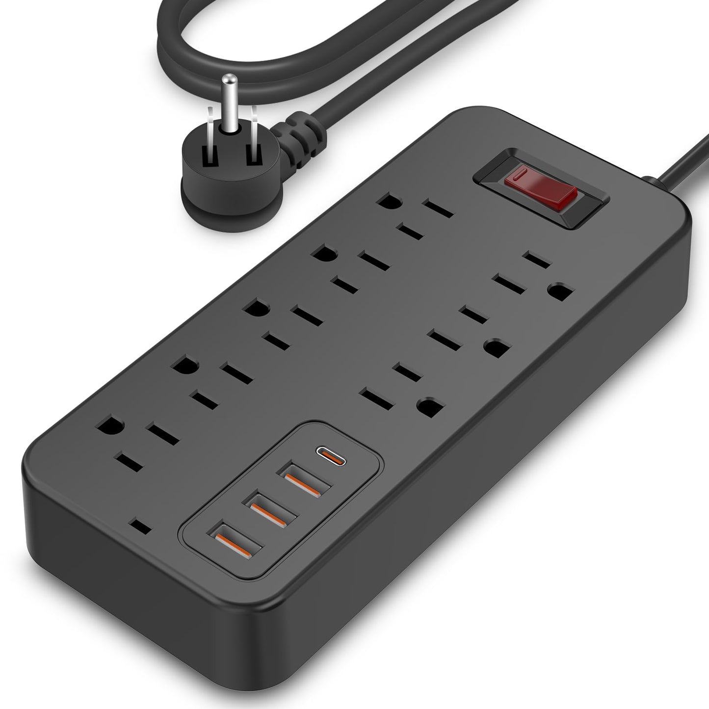 Extension Cord Surge Protector Power Strip - Flat Plug Braided Power Bar with 8 Widely Outlets and 4 USB Ports(1 USB C), Multi Plug Wall Mount Desk