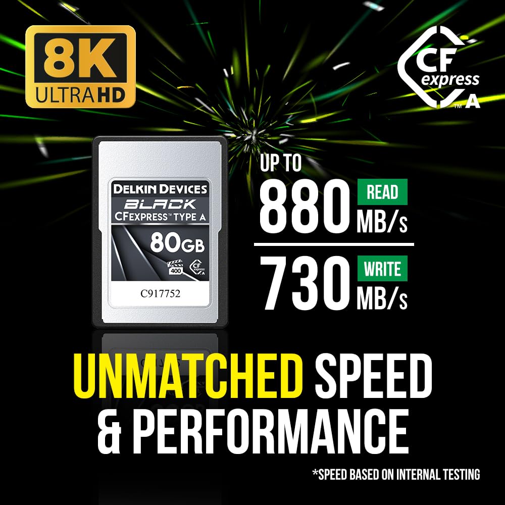Delkin Devices 80GB Black CF Express Type A Memory Card, Up to 880MB/s Read & 730MB/s Write Speeds, VPG 400 Certified