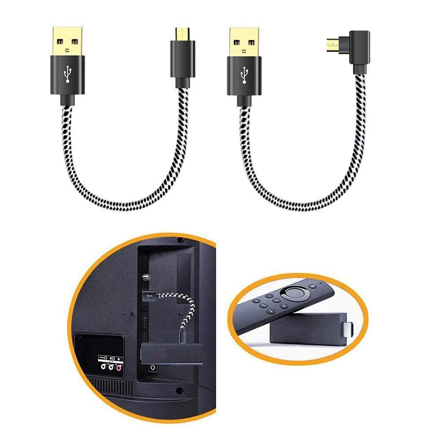 Y.D.F USB Power Cord Power up Your Fire TV Stick Form Your TV's USB Port, USB Cable for Chromecast/Roku Stick, 2 Pack 8 Inch (1 Straight 1 Angle)