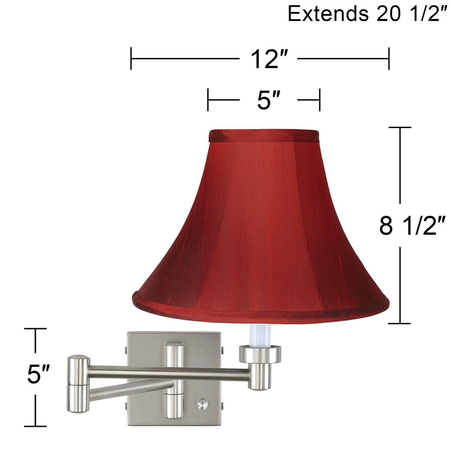 Possini Euro Design Swing Arm Wall Mounted Lamp Brushed Nickel Plug-in Light Fixture Dimmable Deep Red Dupioni Silk Bell Shade for Bedroom Bedside