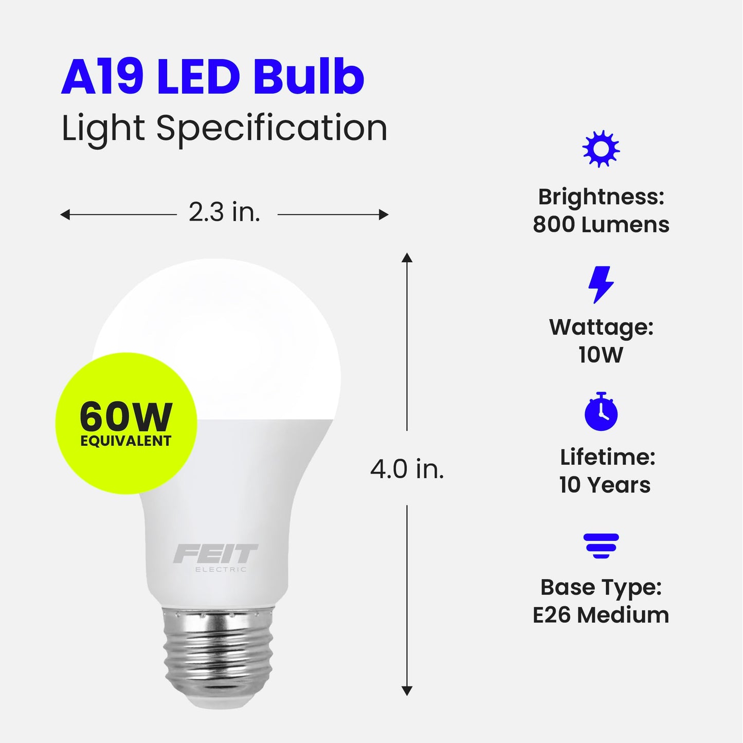 Feit Electric A19 LED Light Bulb, 60W Equivalent, E26 Medium Base, 800 Lumens, 3500K Neutral White, Non-Dimmable Standard Light Bulb, 10-Year