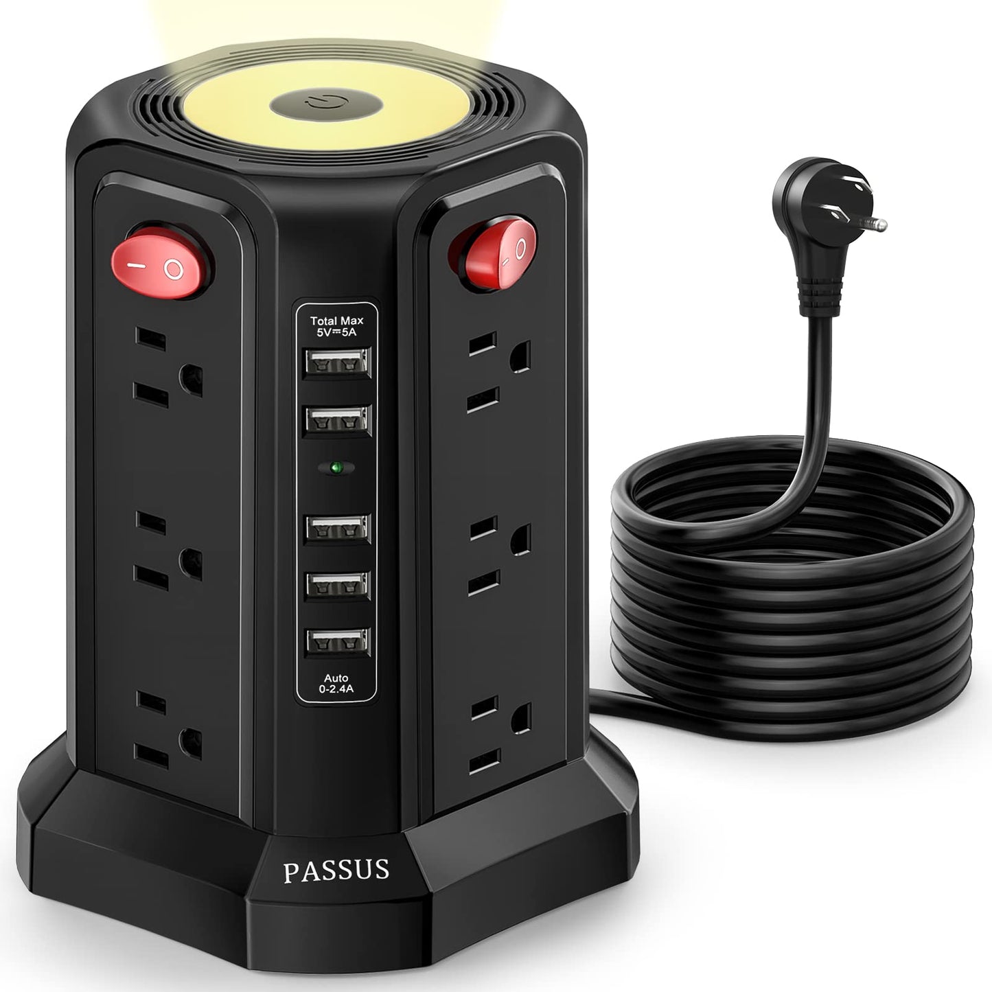 Surge Protector Power Strip Tower with 5 USB Ports and Night Light, 10FT Extension Cord with 12 AC Multiple Outlets, PASSUS Power Tower, Overload