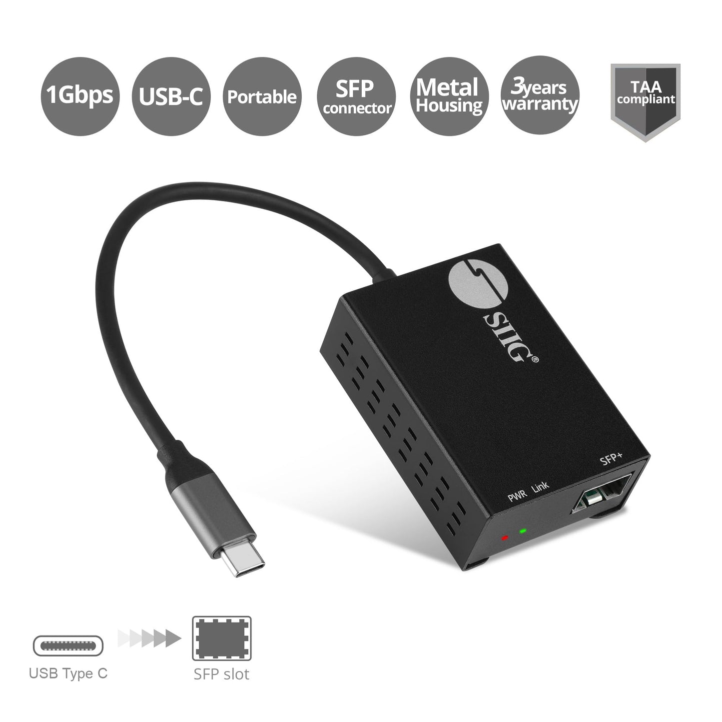 SIIG USB-C to SFP Fiber Gigabit Ethernet Adapter, 1 Gbps, Power Saving Mode IEEE 802.3az, Secure Network Connectivity, Heat Dissipation, Windows
