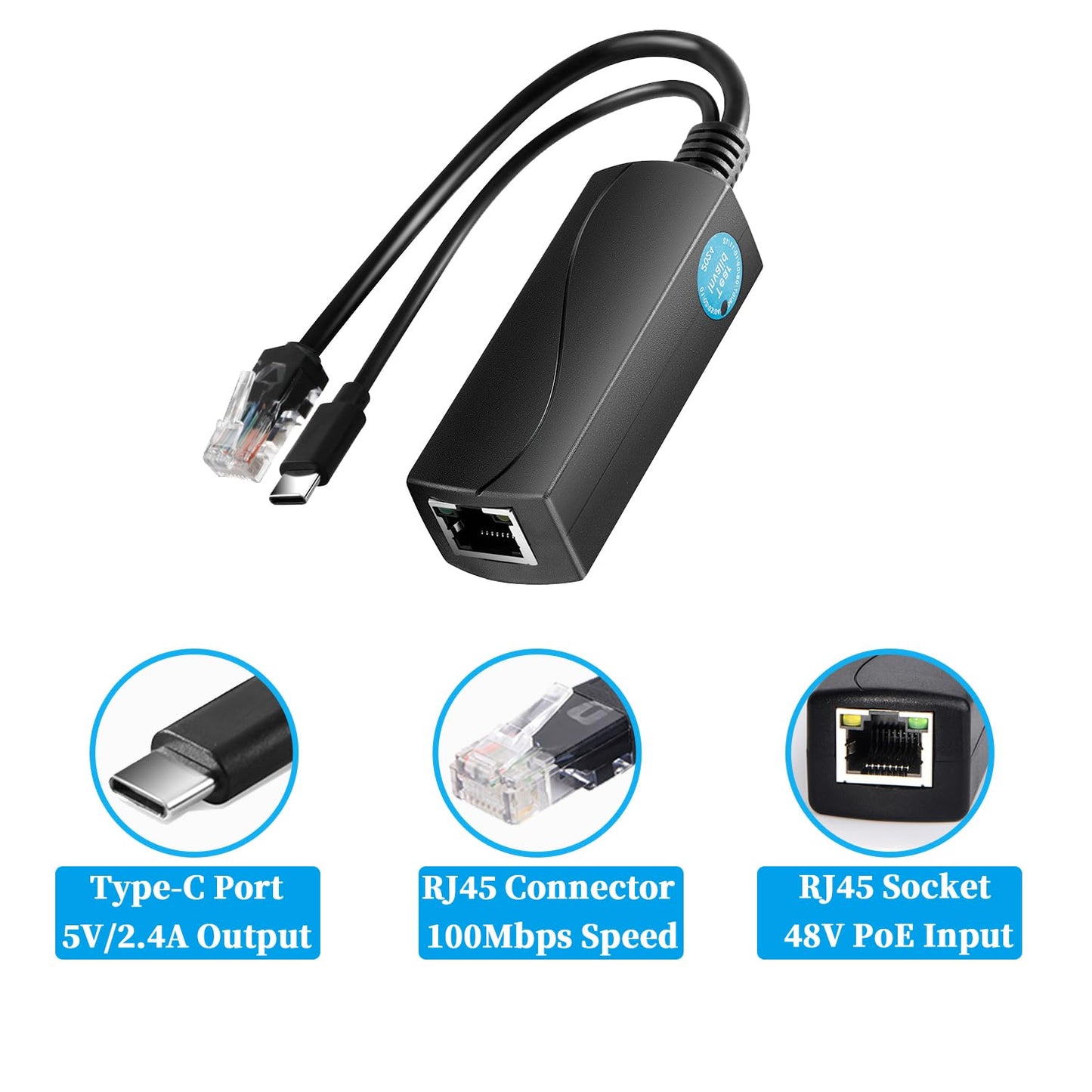 Type C PoE Splitter - 5V 2.4A Output, IEEE 802.3af Standard, 10/100Mbps for Type C to RJ45 Port Power Over Ethernet Adapter (TYPEC0502 Black)