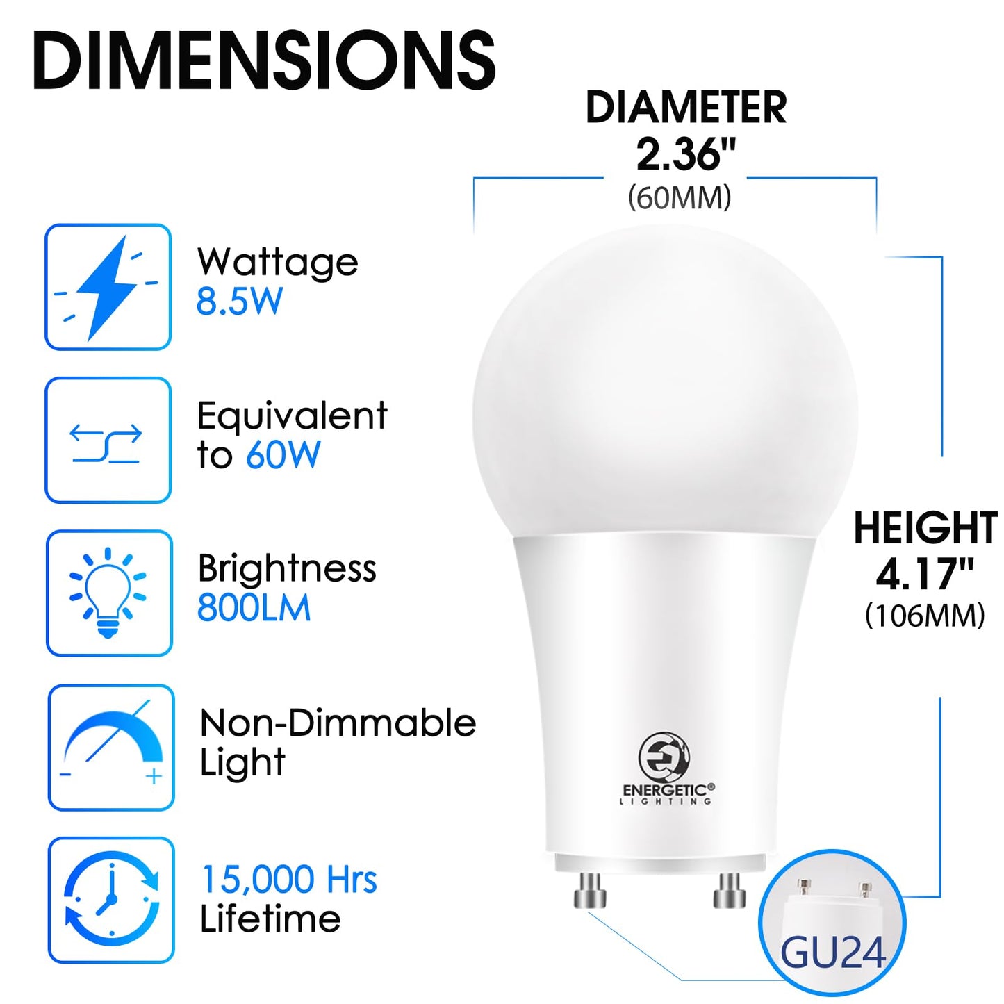 Energetic LED GU24 Base Light Bulb, 800 Lumens, A19 Shape, 60 Watt Equivalent (8.5W), 5000K Daylight, Non-Dimmable, Twist Lock Light Bulbs for Home