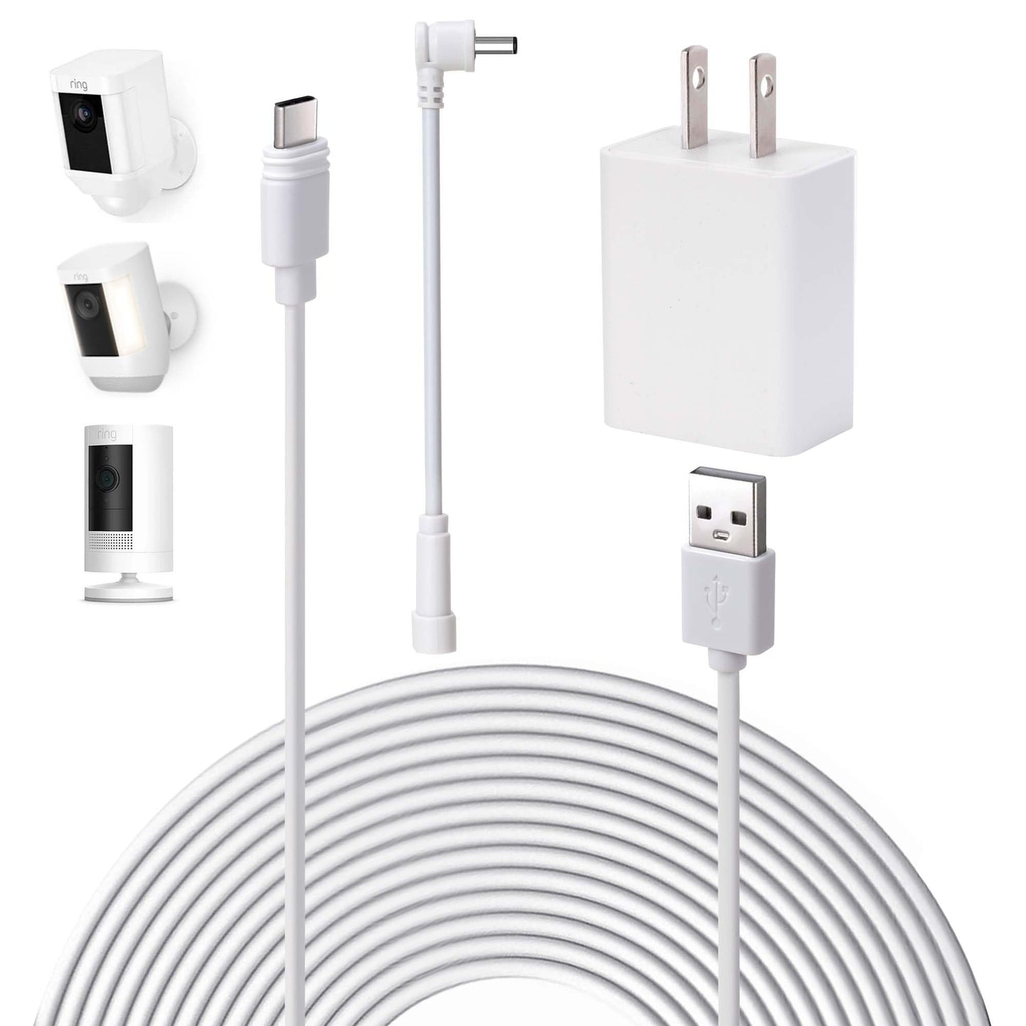 26ft Power Cord and Adapter for Ring Spotlight Cam Pro/Plus(Battery),Stick Up Cam(Battery),Weatherproof Ring Cable for Continuous Camera Power