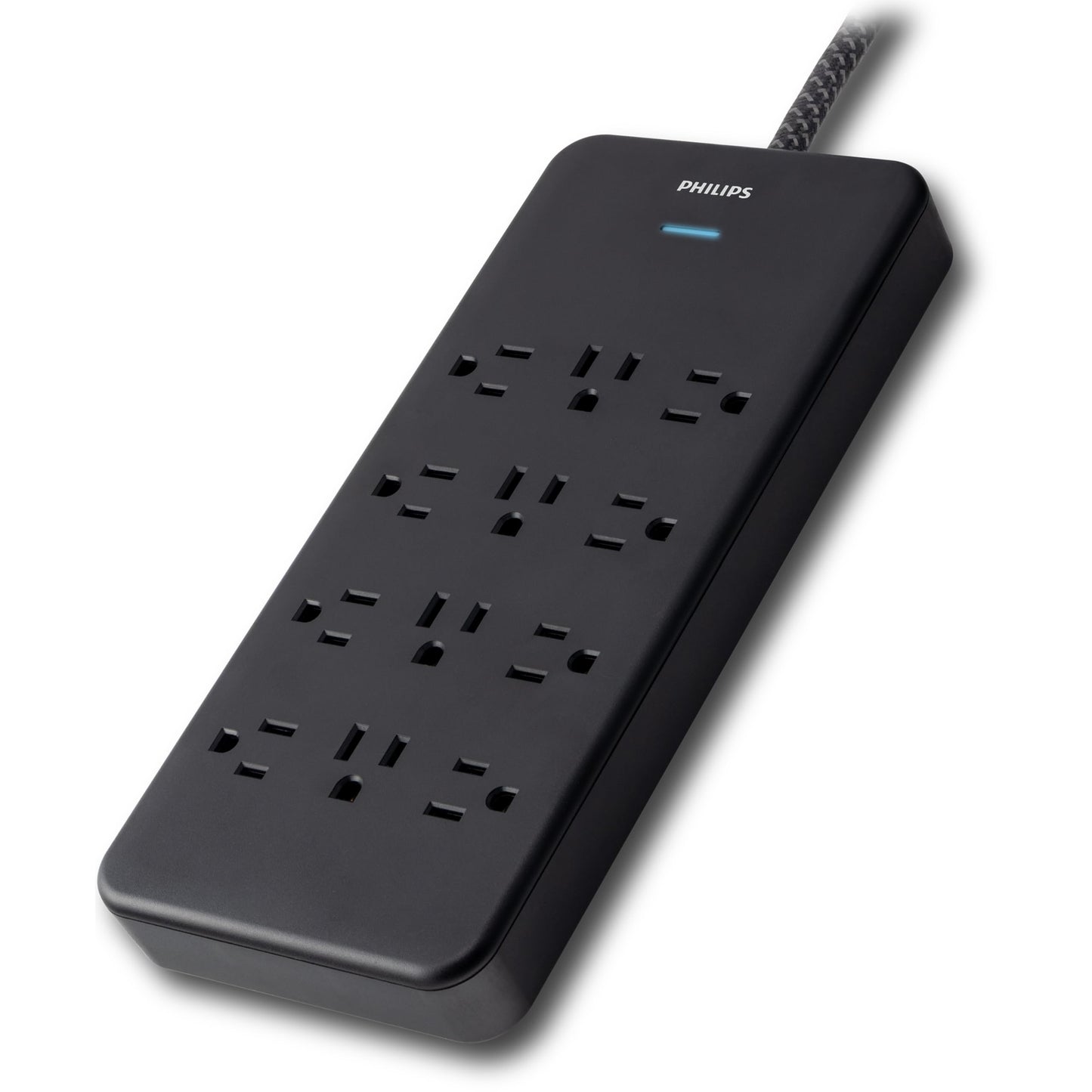 Philips 12-Outlet Surge Protector Power Strip, 6ft Braided Extension Cord, 3500 Joules, Multi Plug Outlet Extender, Adapter-Spaced, Black, SPP3813B/37