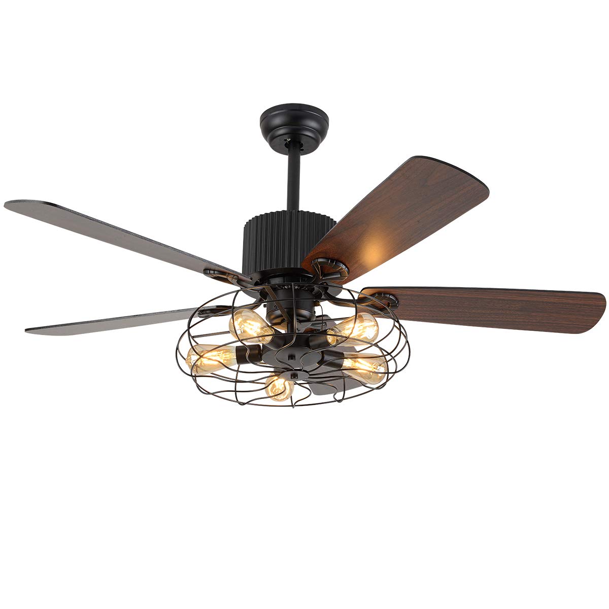 OUKANING Retro Industrial Ceiling Fan Light 52 Inch 5-Lights E27 Fixture for Restaurant Living Room Bedroom Create Iron Cage Rustic Style (52" Retro
