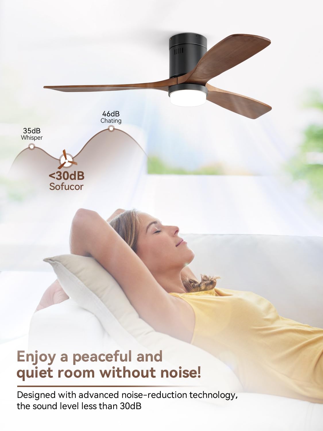CACI Mall 52 Inch Ceiling Fans with Lights and Remote, Low Profile Flush Mount Modern Wood Ceiling Fan with 3 Walnut Blades, for Indoor Bedroom Living