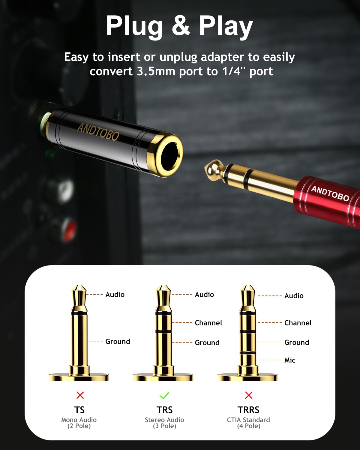ANDTOBO 3.5mm Male to 1/4'' Female Stereo Pure Copper Headphone Adapter,3.5mm(1/8'') Plug Male to 6.35mm (1/4'') Jack Female Stereo Adapter