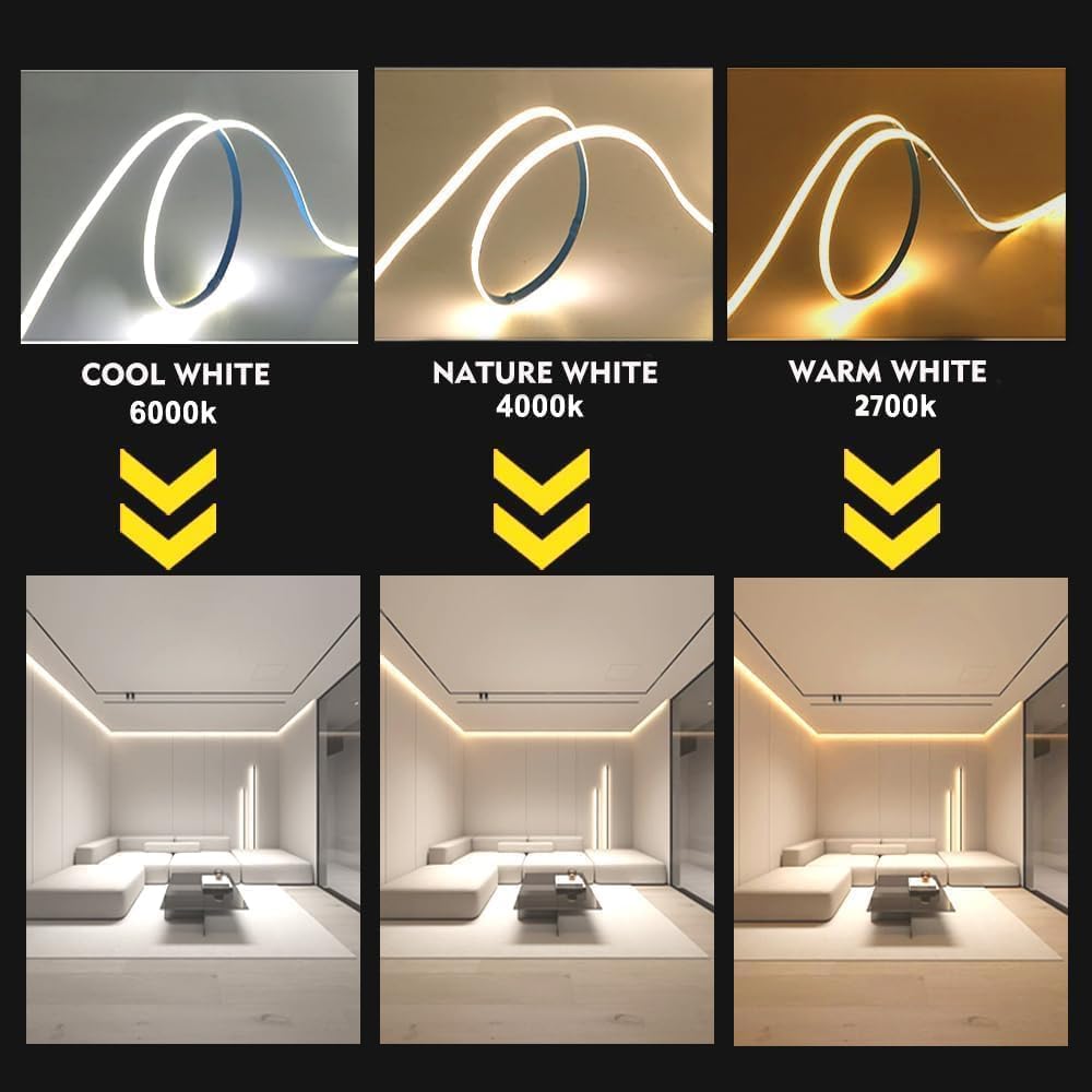12V 3M/9.84ft COB LED Strip with Extension Cord Tail,6000K Cold White,400LEDs/M,CRI 90+,5mm Width,Uniform Dotless LED Tape Light for Cabinet Camper