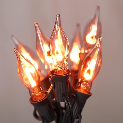Halloween Decorations-Flickering Flame String Lights Outdoor Indoor, 12.8Ft C7 Retro Twinkle Flame Lights String with 10 Flame Light Bulbs(E12 Bulbs