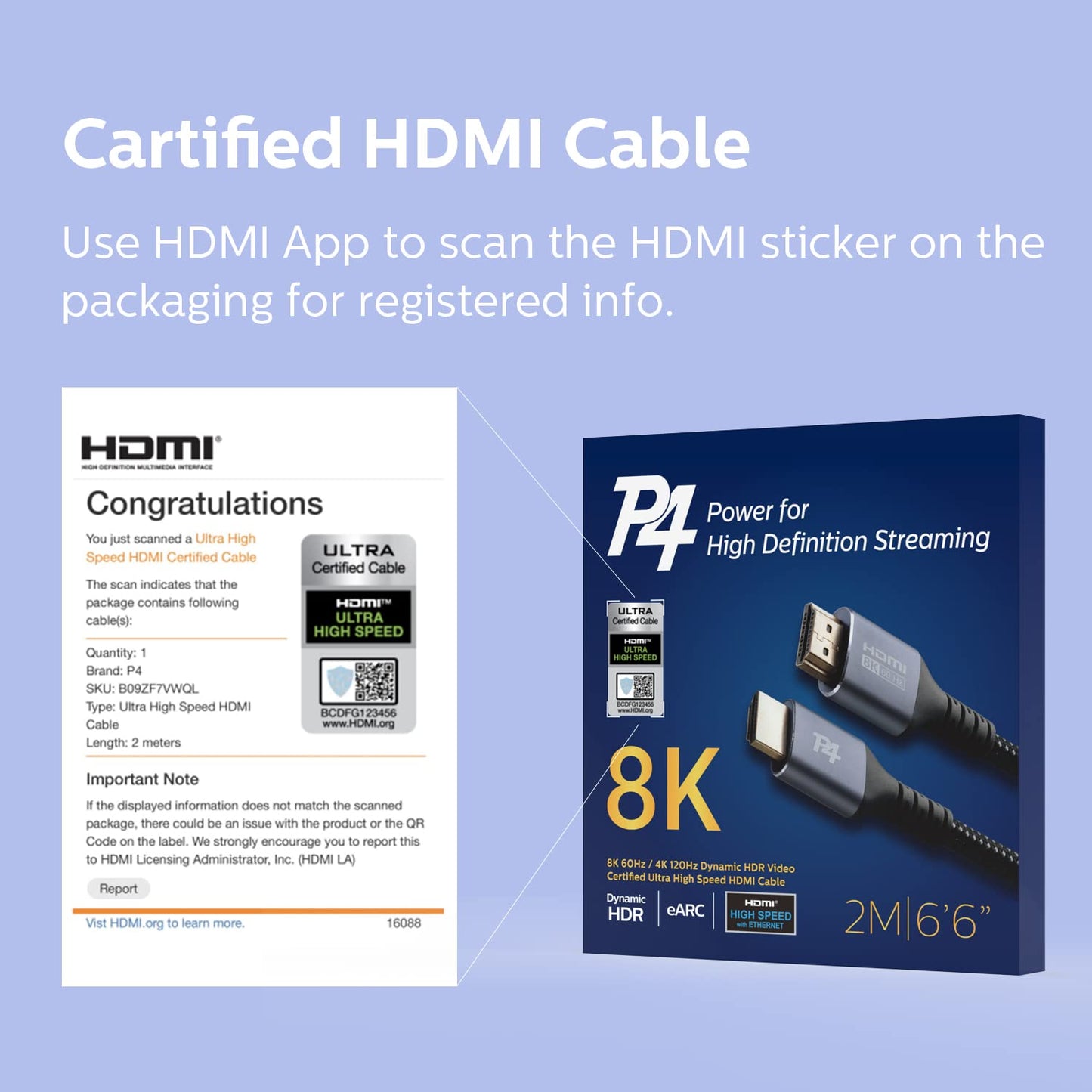 P4 Premium 8K HDMI 2.1 Cable - 6.6ft Braided Cord, Certified High Speed, 8K@60Hz, 4K@120Hz - eARC, HDCP 2.2&2.3, HDR10+, Atmos - Compatible with Apple