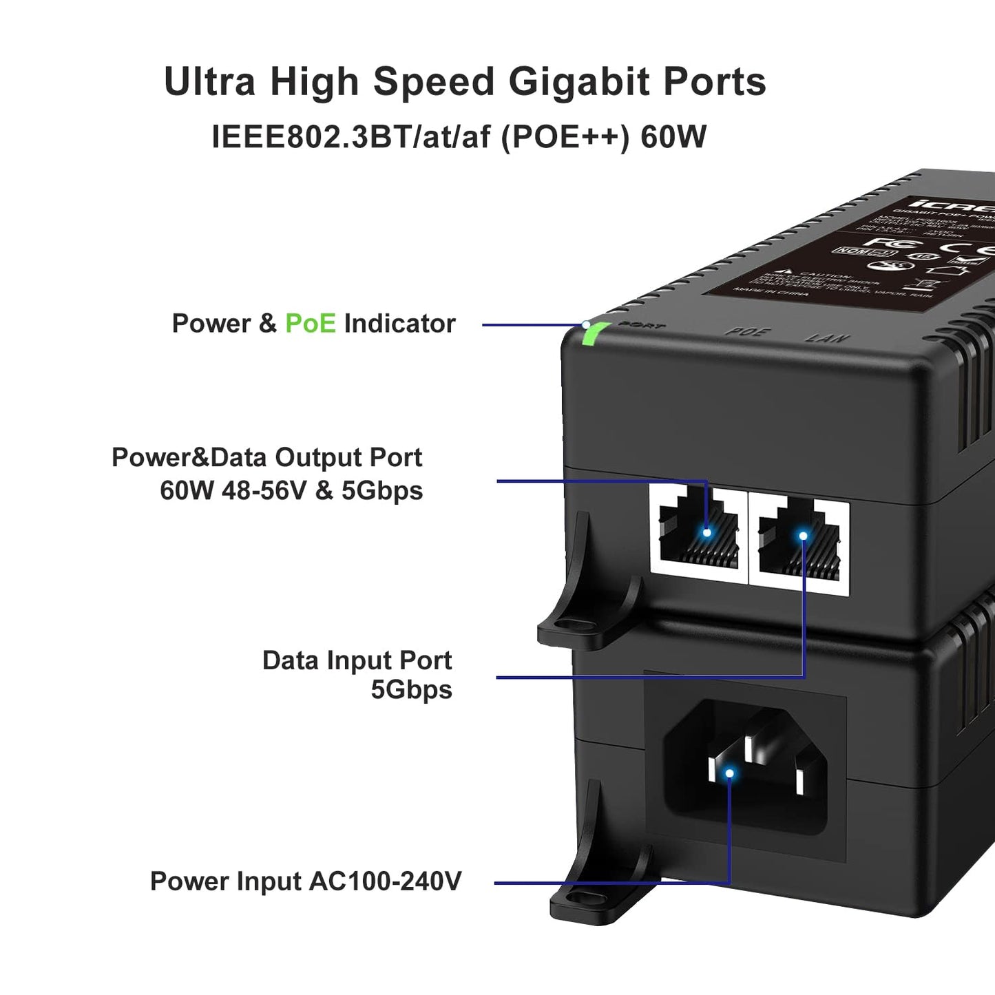 5G POE++ Injector 60W, IEEE 802.3bt/af/at, 5G/2.5Gbps/1Gigabit PoE+ Ethernet Adapter, Network a PoE Device up to 328ft, for High Power PTZ Camera