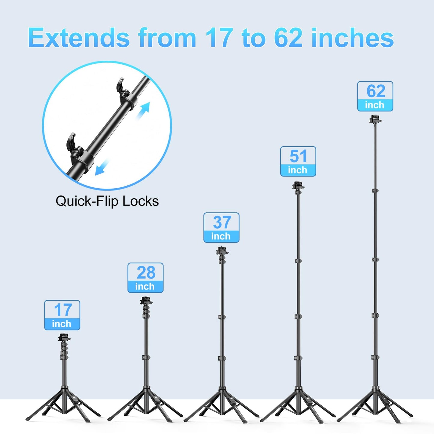 Fugetek 62" Professional Cell Phone Tripod, Ultra Stable 4 Leg Design, Bluetooth Remote, 100% All Aluminum Stick & Legs, Portable All in One, 360°