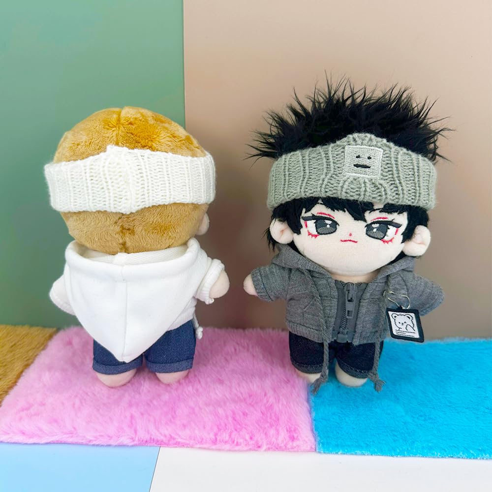 niannyyhouse 10cm-15cm Plush Doll Clothes Headband Coat Jeans Compatible with 17cm Labubu Doll (Black+Blue)