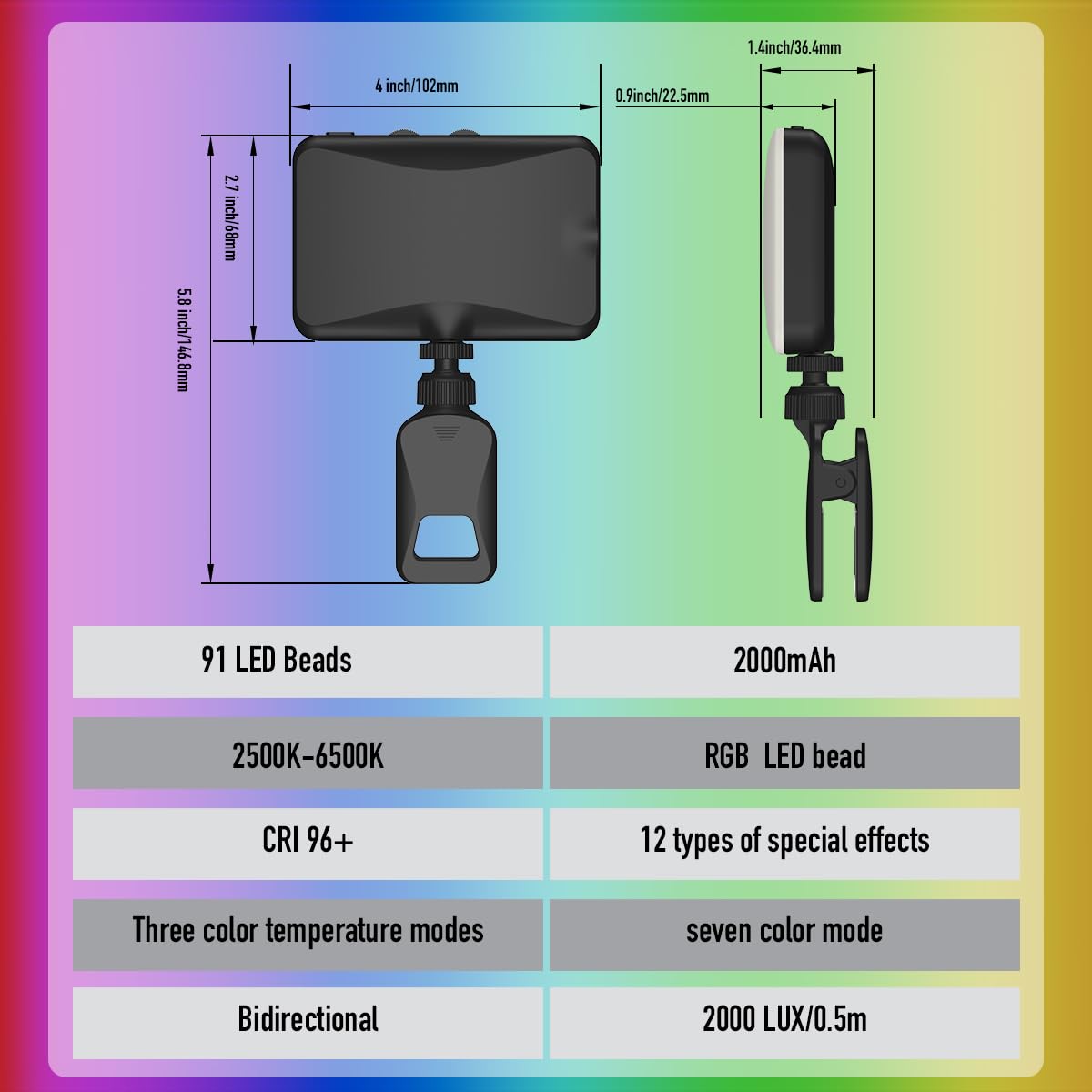 91 LED Portable Charger Selfie Light Video Conference Lighting with Clip & Camera Tripod Adapter Rechargeable 2000mAh CRI 96+, 4 Light Modes for Phone