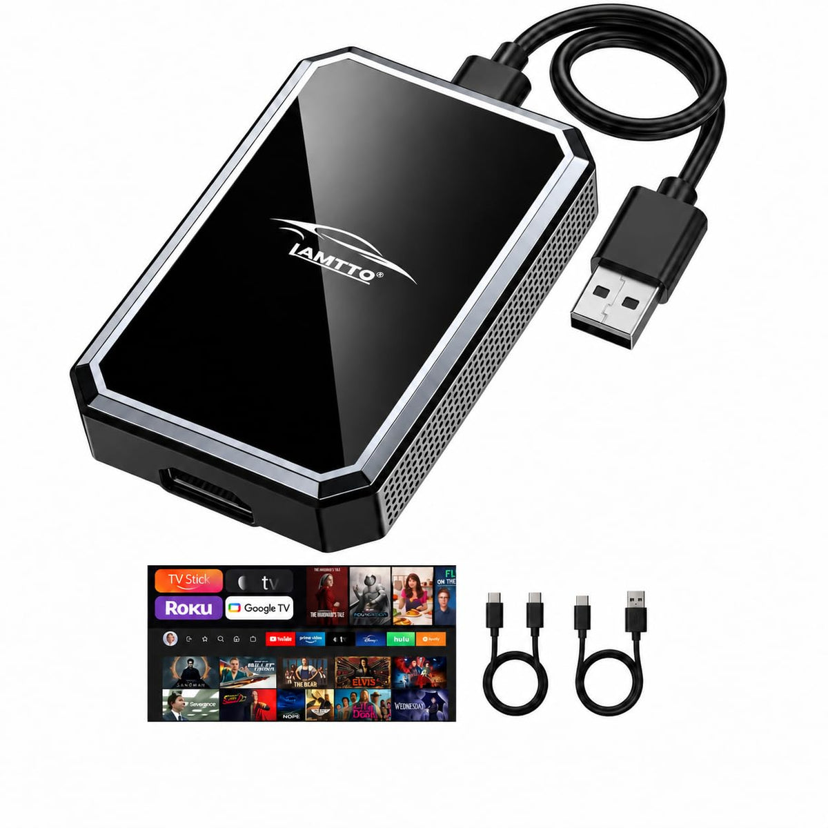 LAMTTO 2-in-1 Wireless CarPlay Adapter, HD Media Port for TV Stick/Console