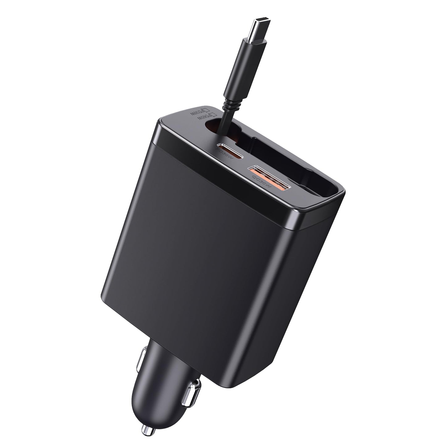 65W Laptop Car Charger with Retractable Cable, 3-in-1 125W Fast USB C Car Charger Adapter, USB-A & Dual USB-C Ports for iPhone 15/14/13, Samsung