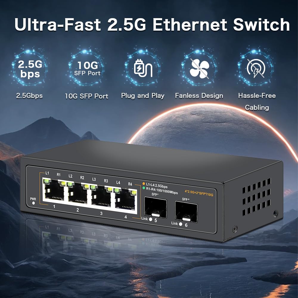 Davuaz 2.5G Unmanaged Ethernet Switch with 4 x 2.5G Base-T Ports and 2 x 10G SFP+ Uplink Ports, Compatible with 100/1000/2500Mbps, Fanlesss Design