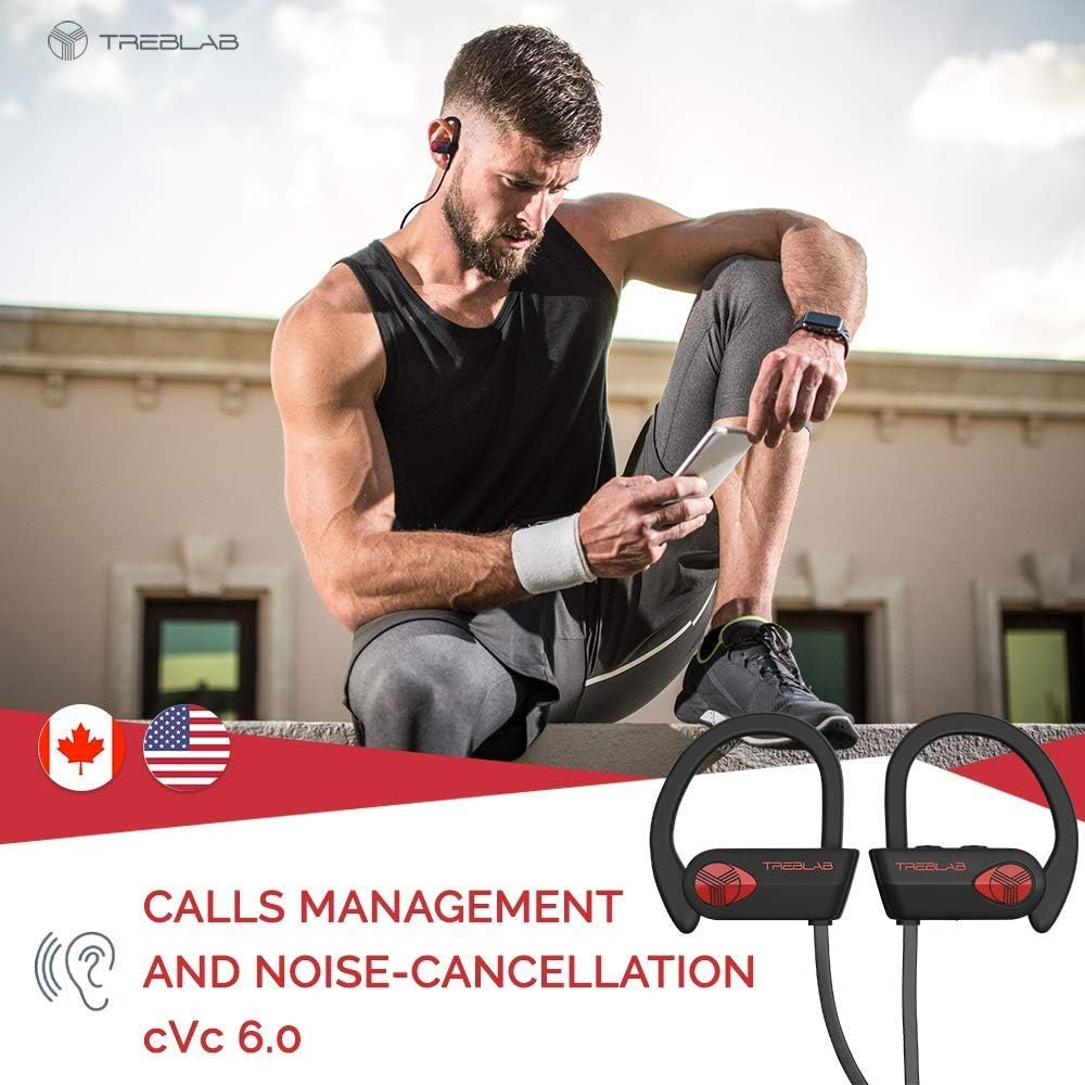 TREBLAB XR500 Bluetooth Running Headphones, IPX7 Waterproof, Noise Cancelling, Secure-Fit, Wireless Sport Earbuds with Mic