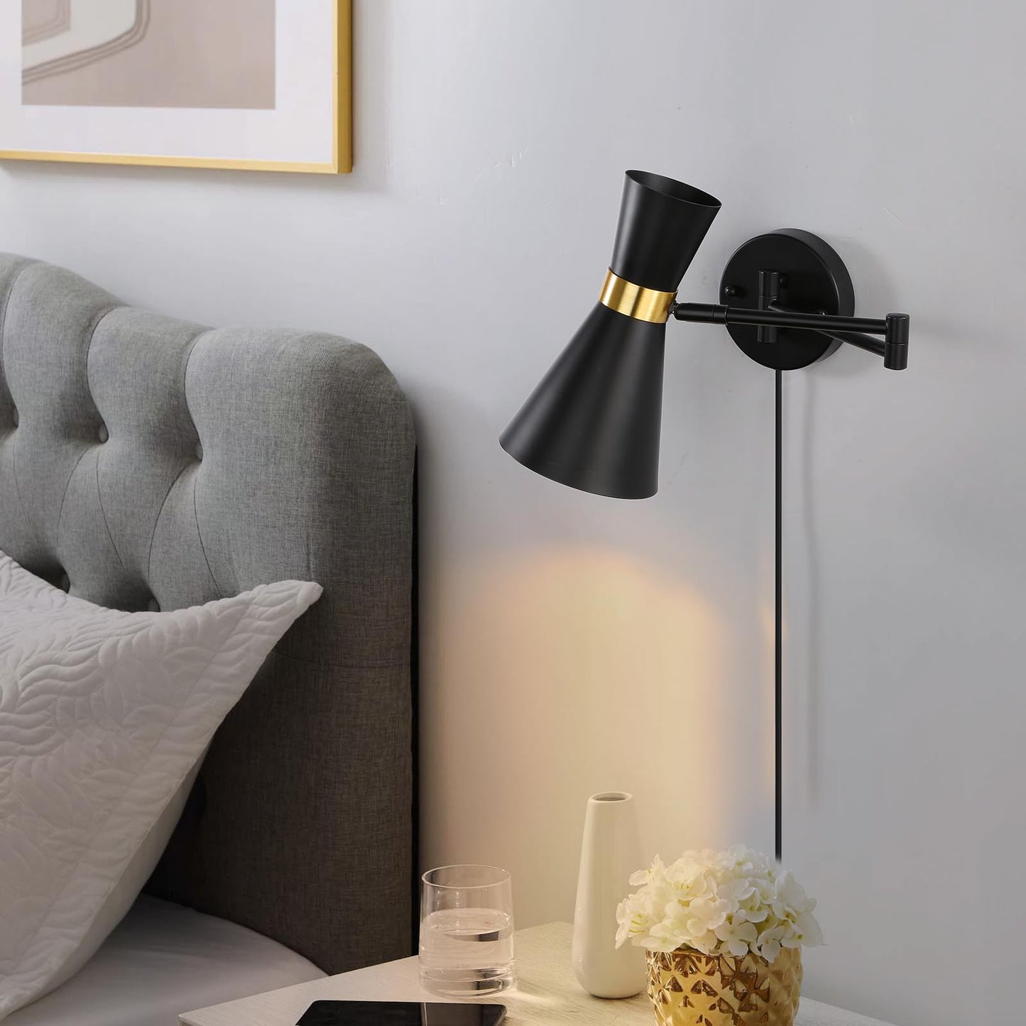 Modern Swing Arm Wall Sconce, Plug In Wall Lamp For Bedroom Bedside, Universal Adjustable Cordless Wall Light Fixtures, Foldable Wall Mount Reading