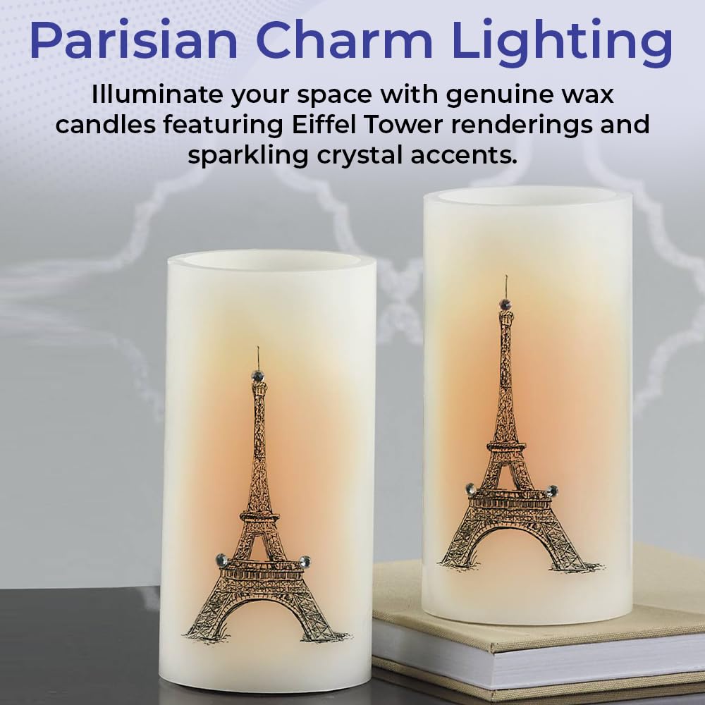 SAGEFINDS Eiffel Tower LED Candles, Set of 2, Flameless Real Wax Pillar Candles, Battery Operated, 6” x 3”