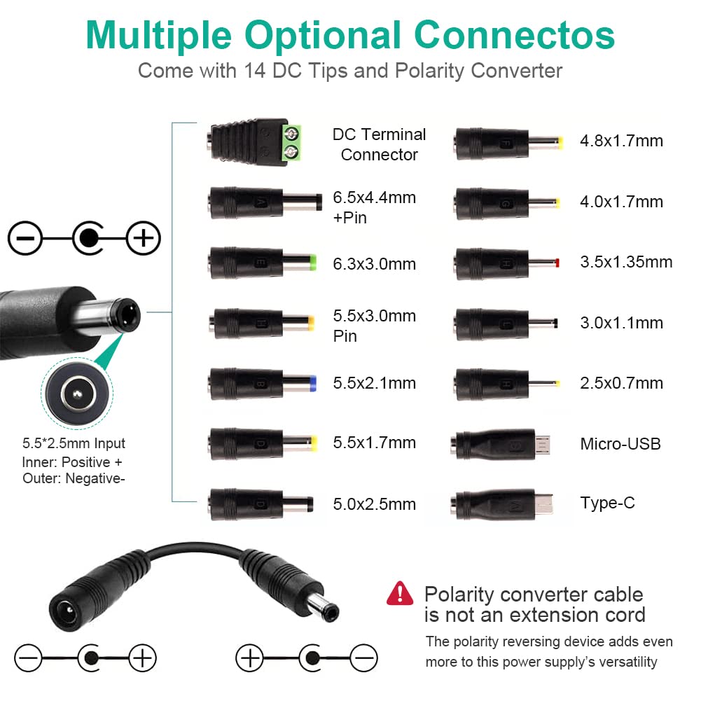 120W Universal Power Supply Adjustable DC 3V ~ 24V Variable Switching AC/DC Adapter 100V-240V AC to DC 24V 5A Converter with 14 Tips & Polarity…