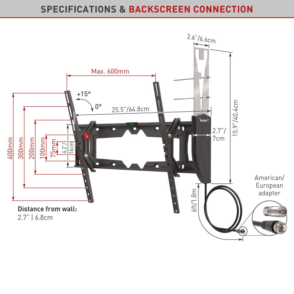 Barkan 19-80 inch Tilt TV Wall Mount with Integrated HDTV Indoor Antenna, for All Wall Types, Flat/Curved Screen Bracket, Holds up to 110lbs, Auto