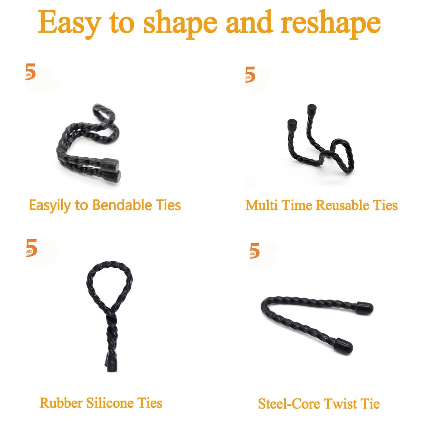 Generic 24PCS Black Silicone Cable Ties- Reusable Rubber Twist Ties Bendable Cable Ties for Bundling and Holding, All Purpose Cord Tie for Indoor