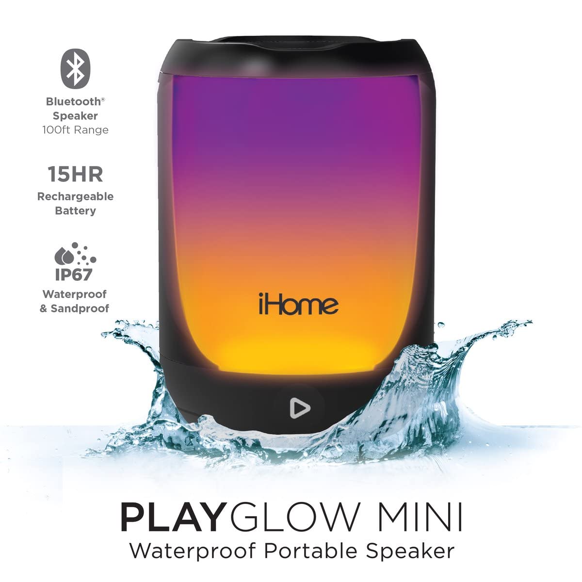 iHome Bluetooth Portable Color Changing iP67 Waterproof, Floatable Bluetooth Speaker with Mega Battery, Rechargeable Speaker