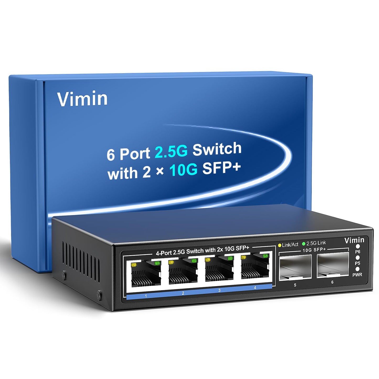 6 Port 2.5G Unmanaged Network Switch, VIMIN 4X 2.5Gbase-T Ports, 2X 10G SFP+ Port, 60Gbps Switching Capacity, IEEE802.3, Metal Housing, Fanless, Work