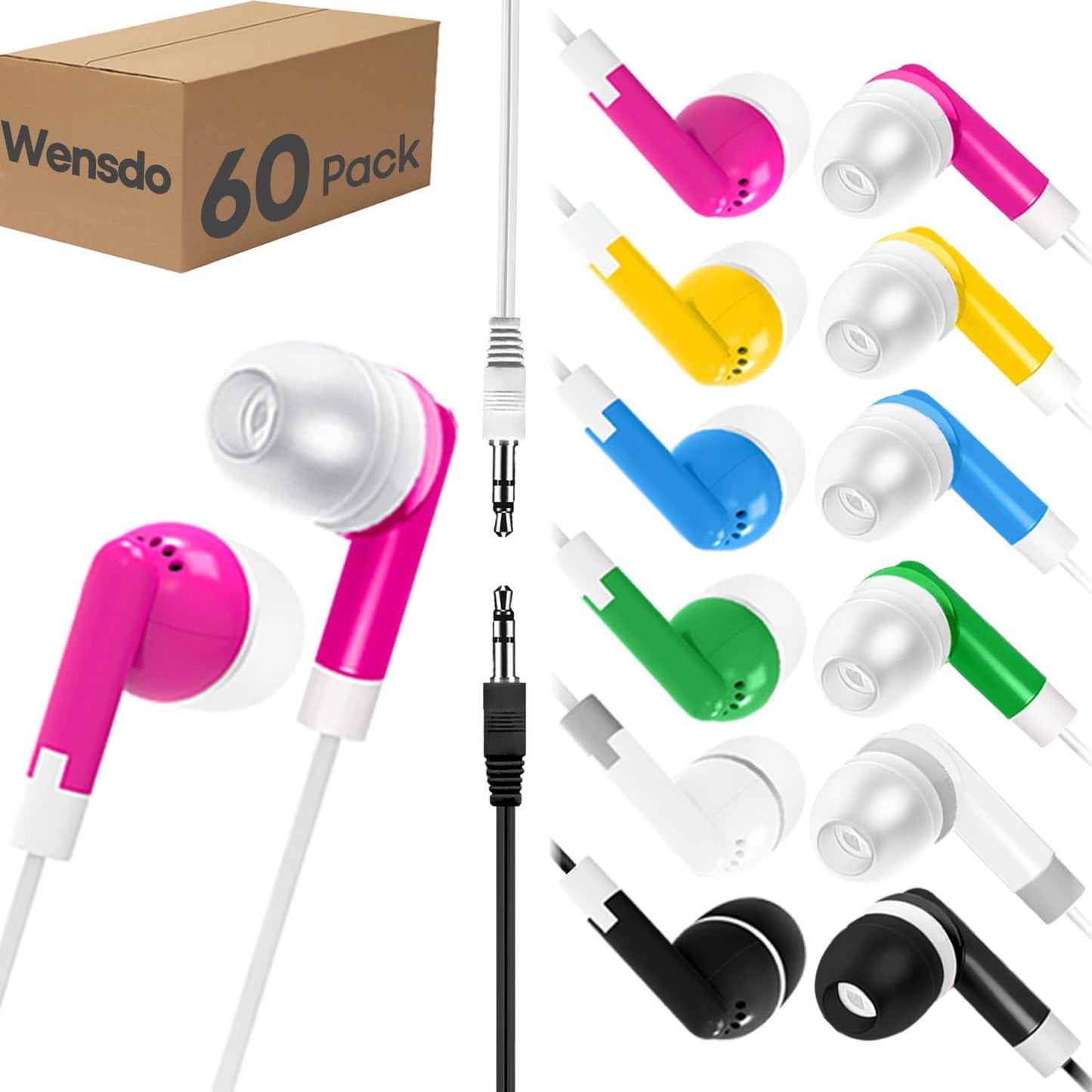 Wensdo 60 Pack Earbud Bulk Kids Headphone for Classroom School, Wholesale Class Room Students Wired Earphones with 3.5 mm Jack for Computers