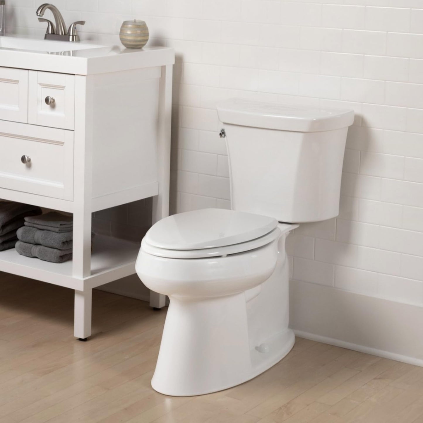 Mayfair Cassel Slow Close Elongated Toilet Seat, Easy Clean & Non-Slip Premium Wood, Easy Install, Made in USA, White