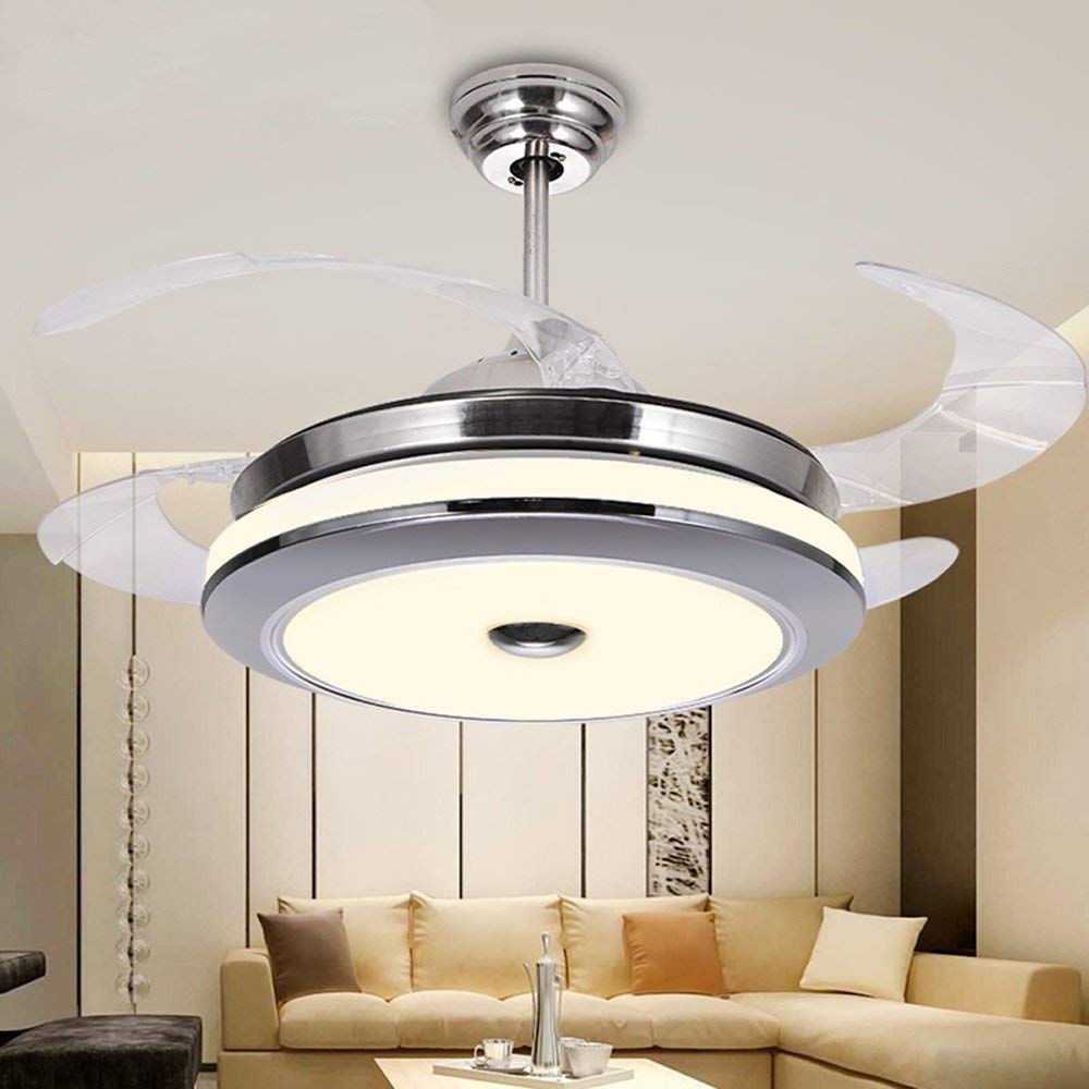 42 Inch Ceiling Fans with Lights and Remote Control, Modern Retractable Blade Invisible Ceiling Fan Chandelier Light with 3-Color Change Fan Lights