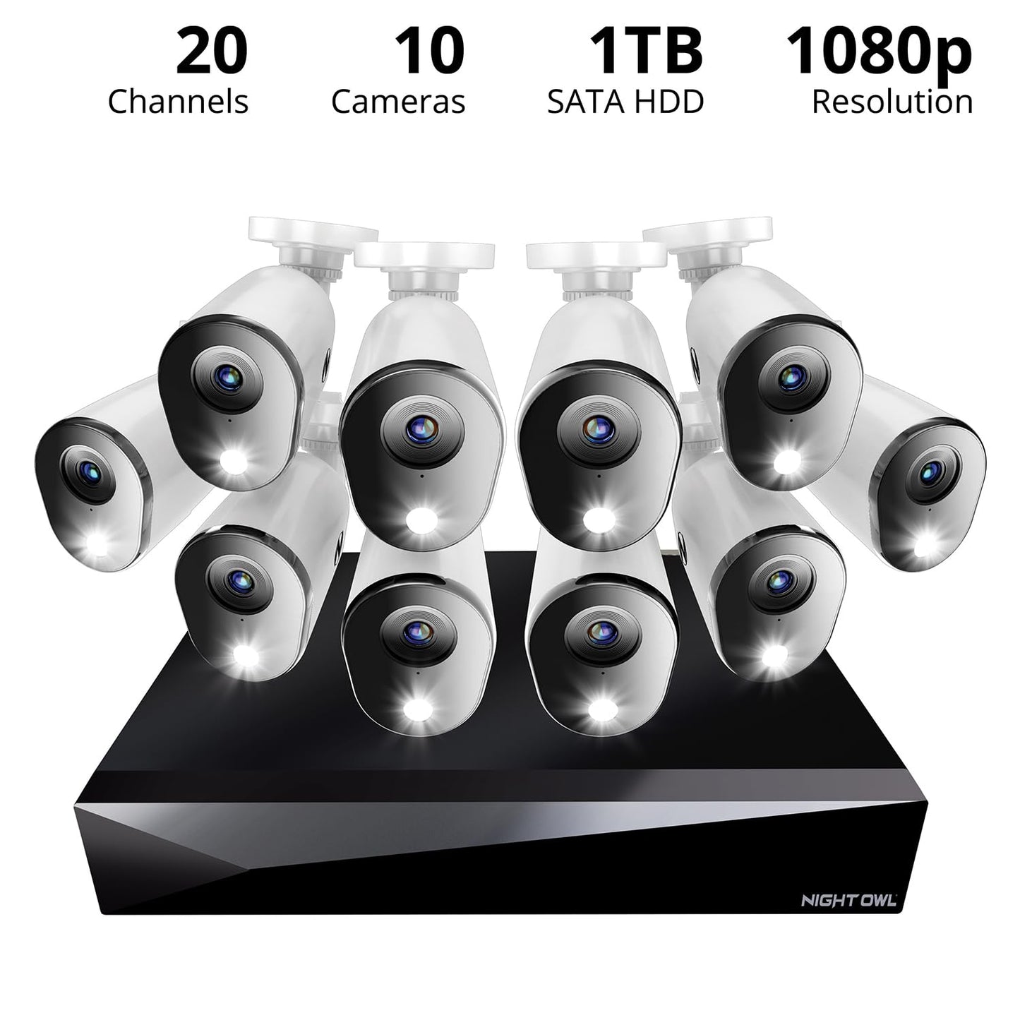 Night Owl 2-Way Audio 20 Channel DVR Video Home Security Camera System with (10) Wired 1080p HD Indoor/Outdoor Deterrence Cameras and 1TB Hard Drive